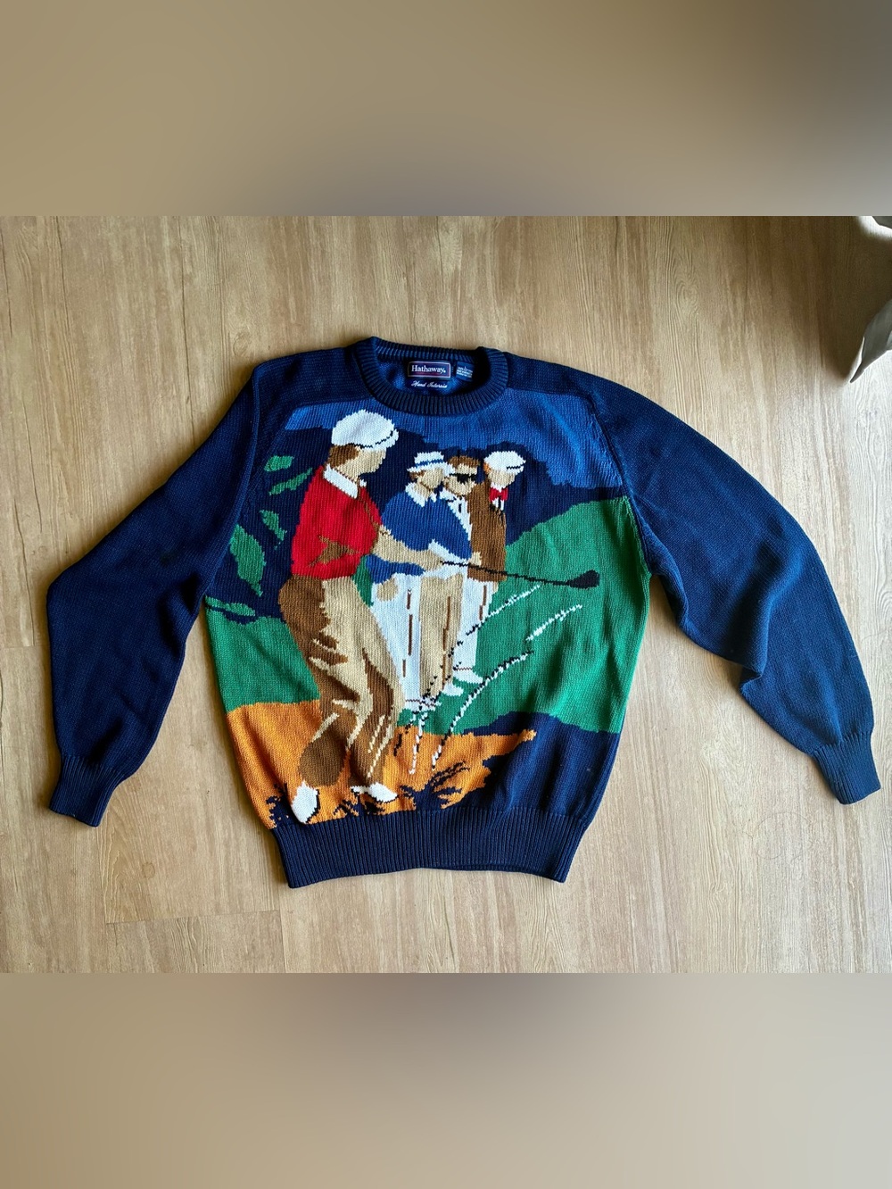 VTG Hathaway Golf Scene Hand Intarsia Knit Sweater Crewneck - Never Worn L